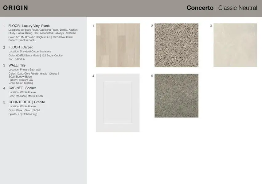 1227 Mattinson Rae Court design selections. Home is currently under construction and selections are subject to change.