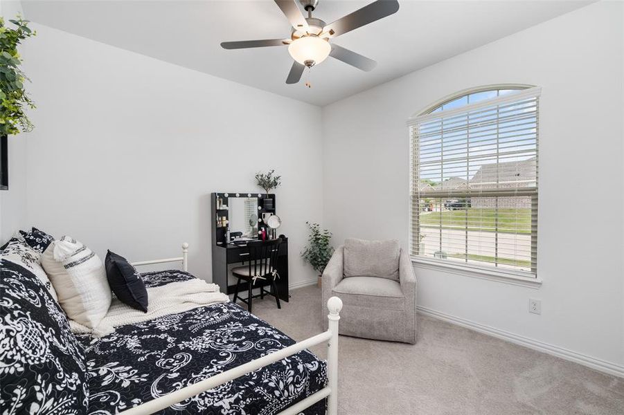 This room features light-colored walls, carpeted flooring, and a ceiling fan