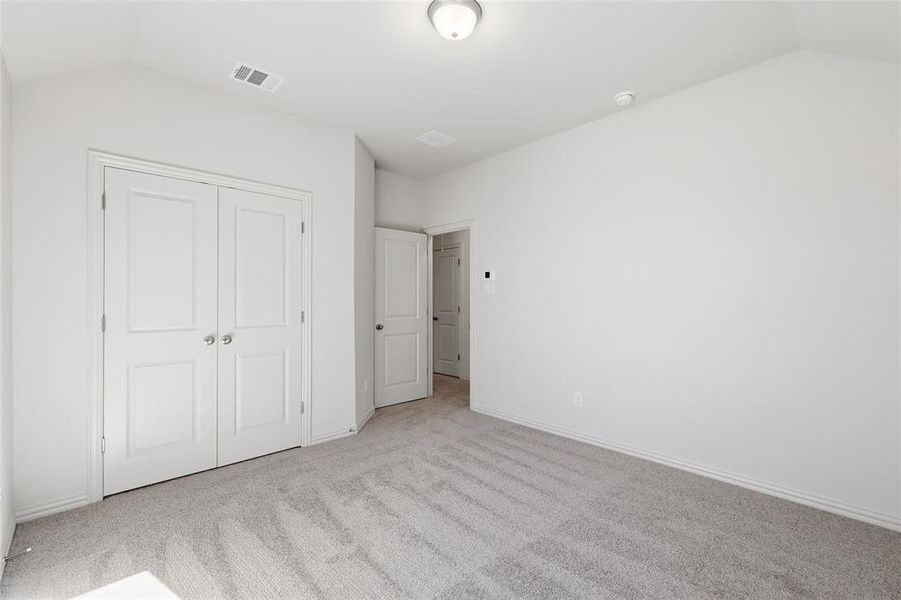 Unfurnished bedroom featuring carpet flooring, lofted ceiling, and a closet