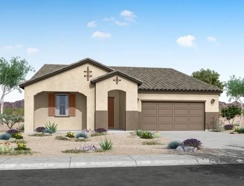 Front exterior of a new home in The Grove at El Cidro, Goodyear, AZ, highlighting curb appeal (Image 21).