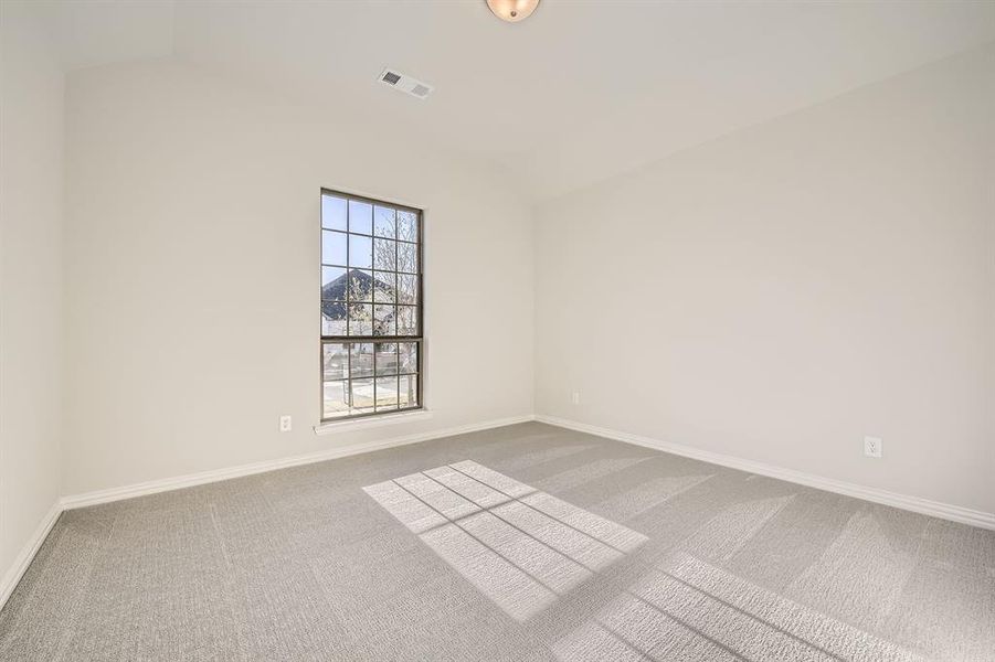 Carpeted empty room with lofted ceiling