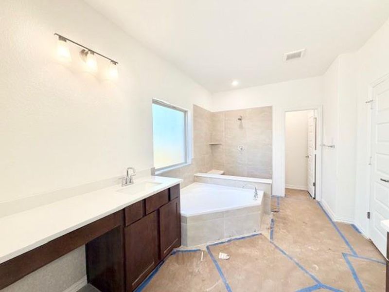 Full bathroom with a bath, a tile shower, vanity, and a closet