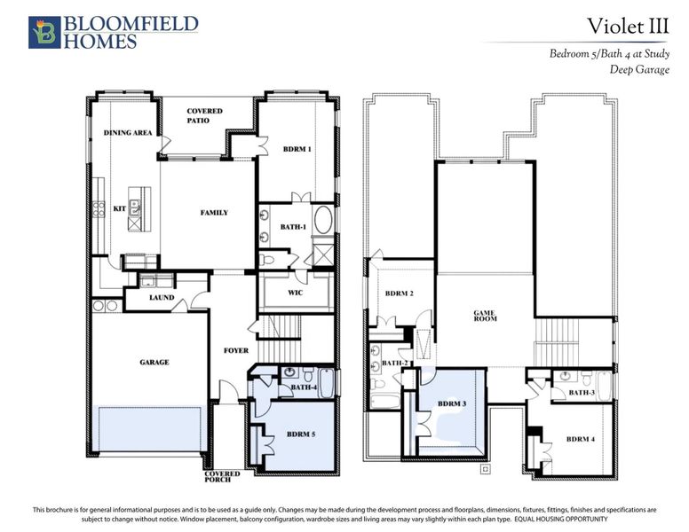 Bloomfield Homes Violet III floor plan showing 5 bedrooms, 4 bathrooms, family room, game room, and deep garage. Bloomfield Homes Violet III floor plan showing 5 bedrooms, 4 bathrooms, family room, game room, and deep garage.