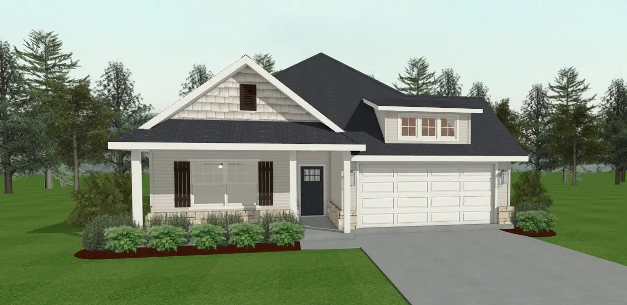 Front exterior of a new home in Pinemont, Bryan, TX, highlighting curb appeal (Image 1).