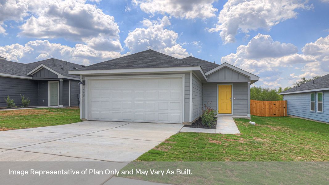 Front exterior of a new home in Swenson Heights, Seguin, TX, highlighting curb appeal (Image 2). Front exterior of a new home in Swenson Heights, Seguin, TX, highlighting curb appeal (Image 2).