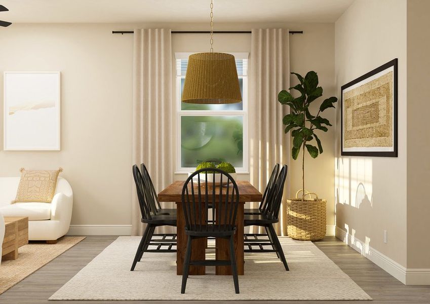 Rendering of a dining room furnished with a wooden table surrounded by four white chairs. Rendering of a dining room furnished with a wooden table surrounded by four white chairs.