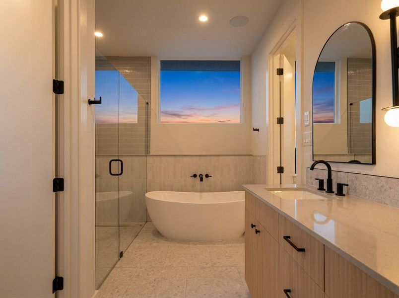Bathroom featuring a freestanding tub, vanity, a shower stall, recessed lighting, and wainscoting