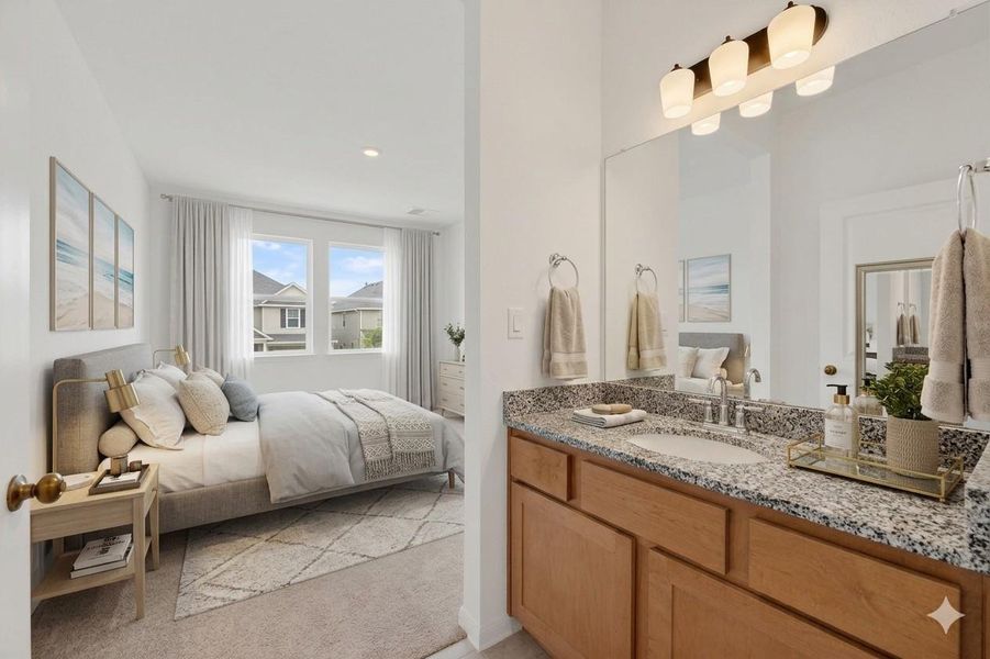 Virtually Staged- Bathroom vanity with a granite countertop and a rectangular undermount sink