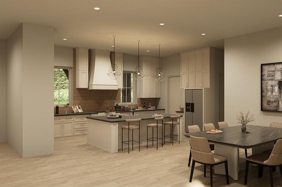 Kitchen featuring refrigerator with ice dispenser, premium range hood, a kitchen island with sink, hanging light fixtures, and decorative backsplash
- Architectural Rendering