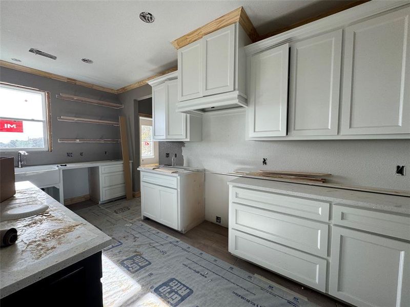 Kitchen with a wealth of natural light, light hardwood / wood-style flooring, white cabinets, and crown molding