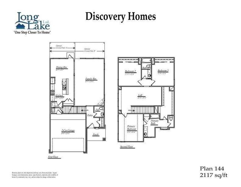 This floor plan from Discovery Homes is 2,117 sq ft and features a two-story layout. The first floor includes a 2-car garage, kitchen, dining room, family room, and entryway with a porch. The second floor offers three bedrooms, including a primary suite with a bath, a loft area, and an additional bathroom.