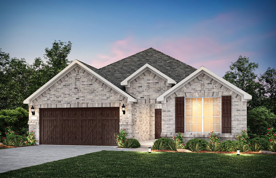 Exterior A of the Mckinney, a one-story home with 2-car garage and shutters