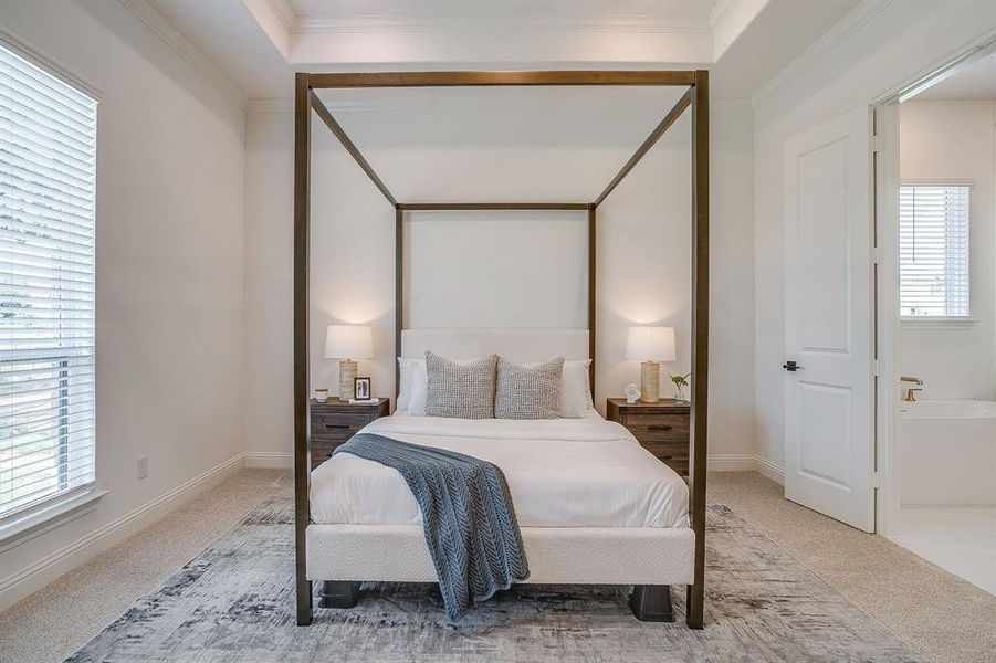 Large primary bedroom with a raised ceiling, crown molding, and a ceiling fan Large primary bedroom with a raised ceiling, crown molding, and a ceiling fan