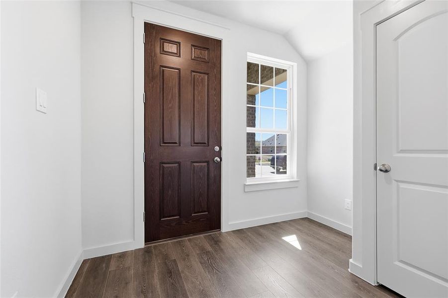 Entrance foyer featuring dark wood-type flooring and lofted ceiling