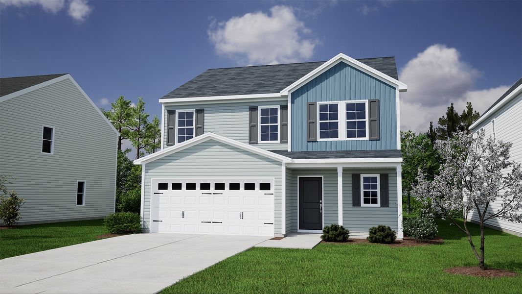 Front exterior of a new home in Mayfair Village, Spartanburg, SC, highlighting curb appeal (Image 1).