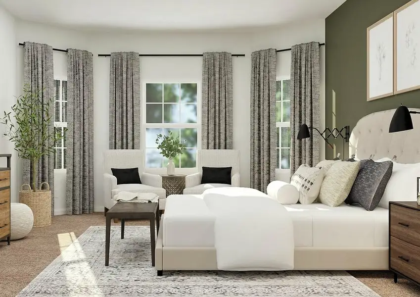 Rendering of the master bedroom  showcasing tan bed, two armchairs, dresser and wall of bay windows
