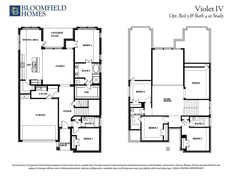 Bloomfield Homes Violet IV two-story floor plan with 5 bedrooms, 4 bathrooms, family room, game room, and two-car garage. Bloomfield Homes Violet IV two-story floor plan with 5 bedrooms, 4 bathrooms, family room, game room, and two-car garage.