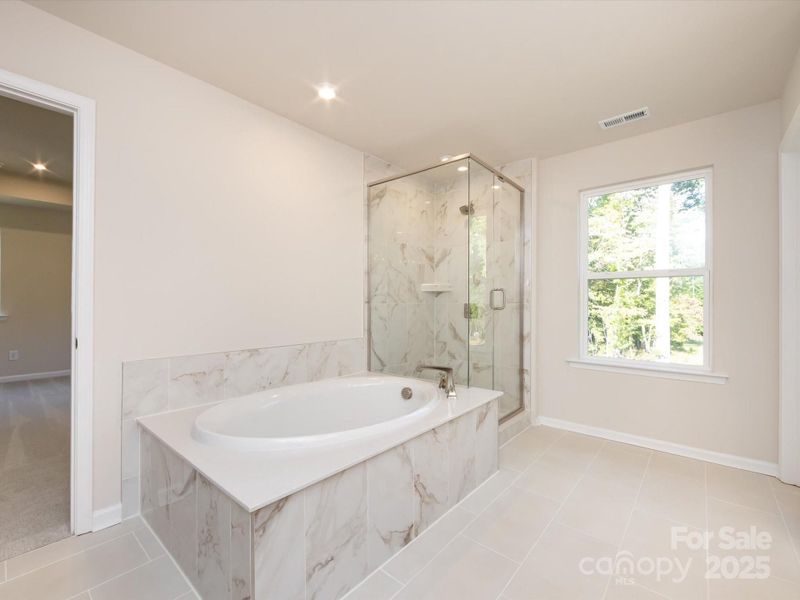 Large soaking tub with glass framed walk-in shower.