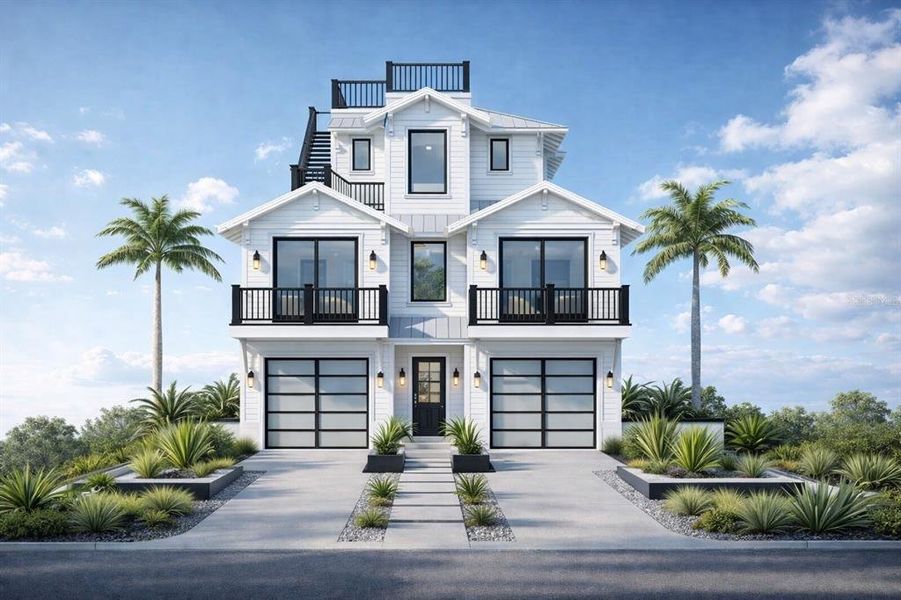 Front exterior of a new home in , Holmes Beach, FL, highlighting curb appeal (Image 1). Front exterior of a new home in , Holmes Beach, FL, highlighting curb appeal (Image 1).