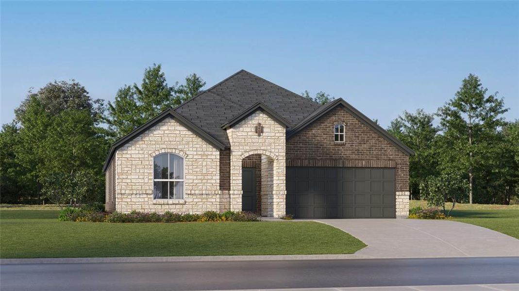 French country inspired facade with driveway, a front lawn, and brick siding