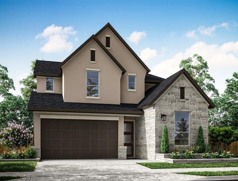 Front exterior of a new home in Woodson’s Reserve, Spring, TX, highlighting curb appeal (Image 1). Front exterior of a new home in Woodson’s Reserve, Spring, TX, highlighting curb appeal (Image 1).