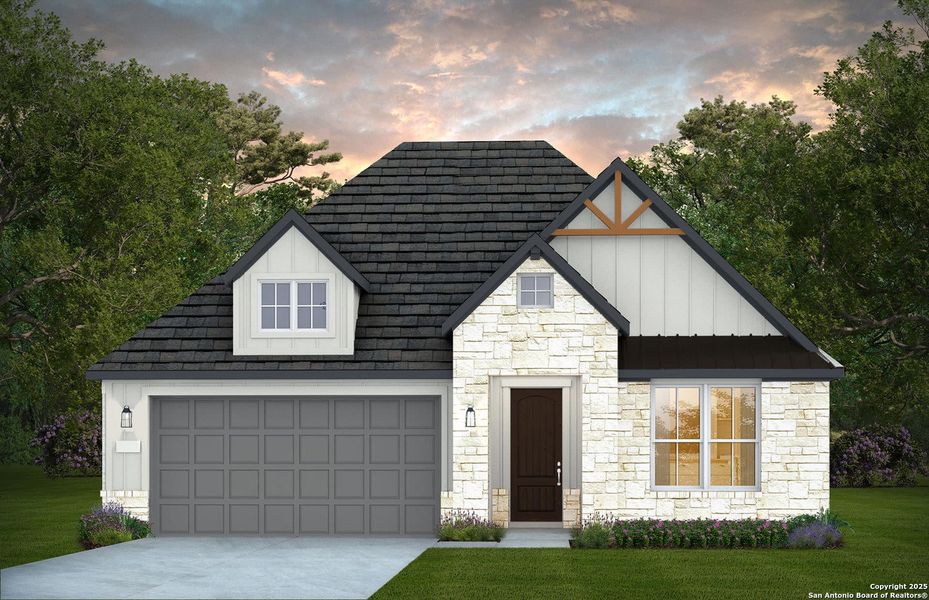 Front exterior of a new home in Bison Ridge, San Antonio, TX, highlighting curb appeal (Image 1).