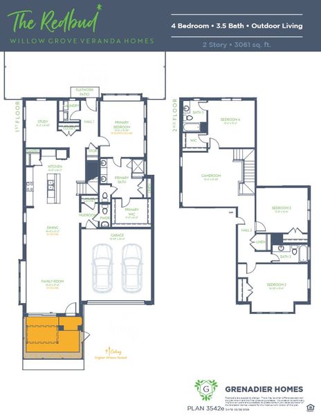 2D floor plan layout for the Redbud by Grenadier Homes in Willow Grove, Melissa, TX (Image 2). 2D floor plan layout for the Redbud by Grenadier Homes in Willow Grove, Melissa, TX (Image 2).