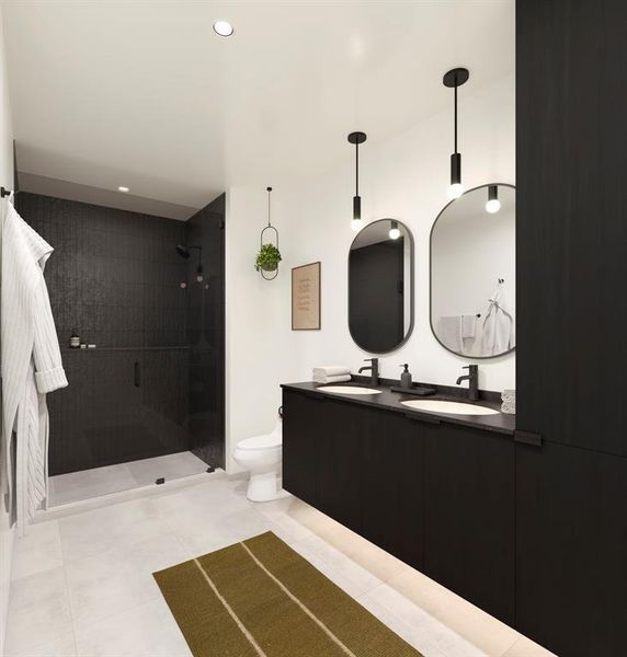 A sleek bathroom with matte fixtures, white walls, textured tile, and a spa-like frameless glass shower with an extended accessory shelf for ample storage.