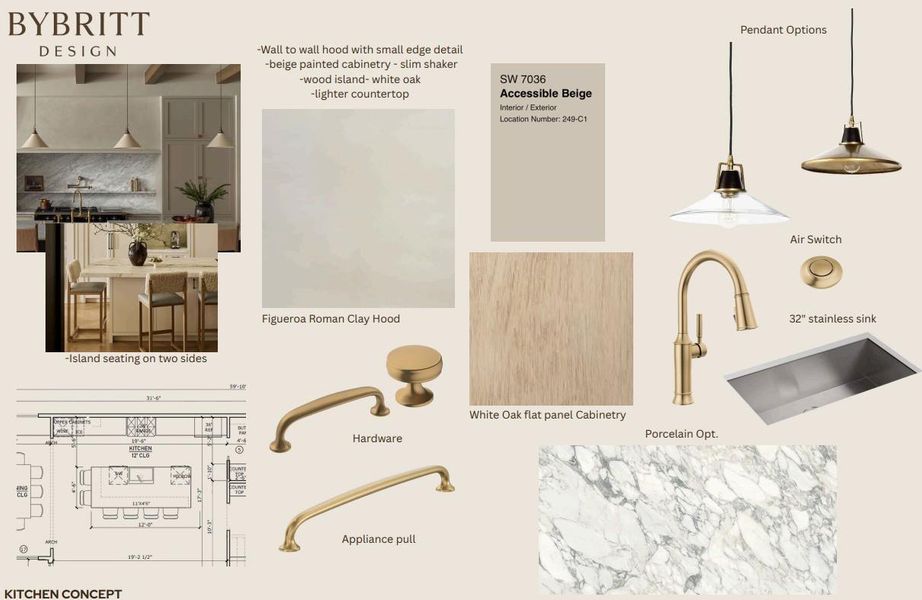 Visualize a gourmet kitchen concept with sleek cabinetry, a spacious island, and elegant pendant lighting.