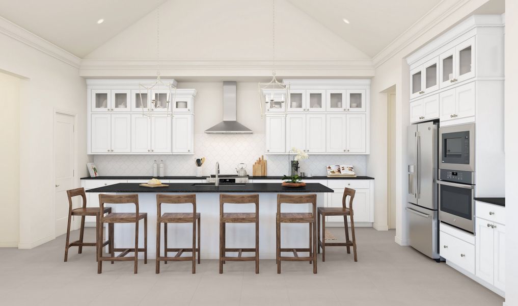 Kitchen with vaulted ceiling and glass upper cabinets