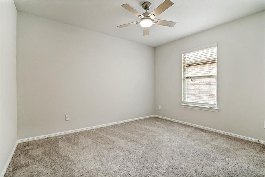 Freshly carpeted room with a ceiling fan light fixture, light gray walls, and white trim Freshly carpeted room with a ceiling fan light fixture, light gray walls, and white trim