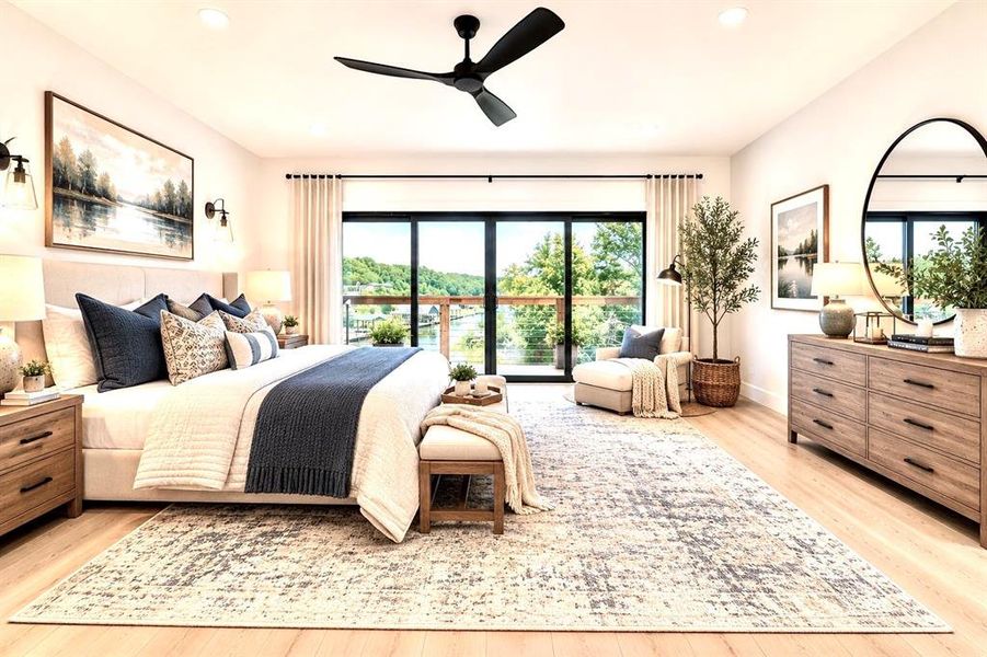 Virtually staged-Spacious bedroom featuring light wood-finish flooring, a full-wall glass slider leading to an outdoor balcony, recessed ceiling lighting, a contemporary ceiling fan, and an upholstered headboard Virtually staged-Spacious bedroom featuring light wood-finish flooring, a full-wall glass slider leading to an outdoor balcony, recessed ceiling lighting, a contemporary ceiling fan, and an upholstered headboard