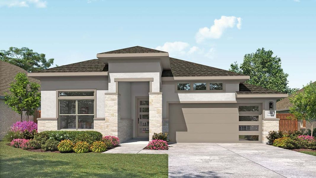 Representative exterior photo of a completed home built from the Mahogany by DRB Homes in Whisper South, San Marcos, TX (Image 5). Representative exterior photo of a completed home built from the Mahogany by DRB Homes in Whisper South, San Marcos, TX (Image 5).