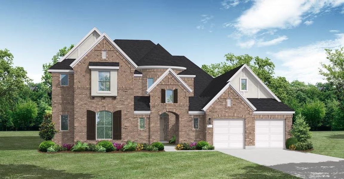 Front exterior of a new home in Valencia, Manvel, TX, highlighting curb appeal (Image 1). Front exterior of a new home in Valencia, Manvel, TX, highlighting curb appeal (Image 1).