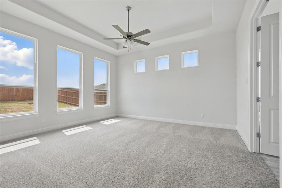Spare room featuring baseboards, carpet floors, a tray ceiling, and ceiling fan