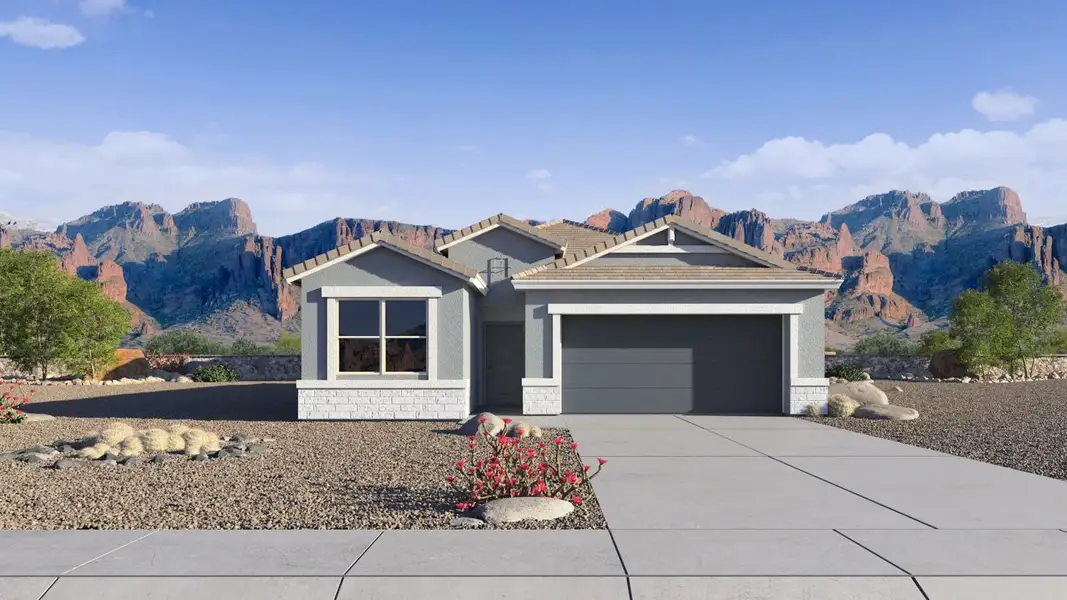 Front exterior of a new home in Heartland Ranch, Coolidge, AZ, highlighting curb appeal (Image 1). Front exterior of a new home in Heartland Ranch, Coolidge, AZ, highlighting curb appeal (Image 1).