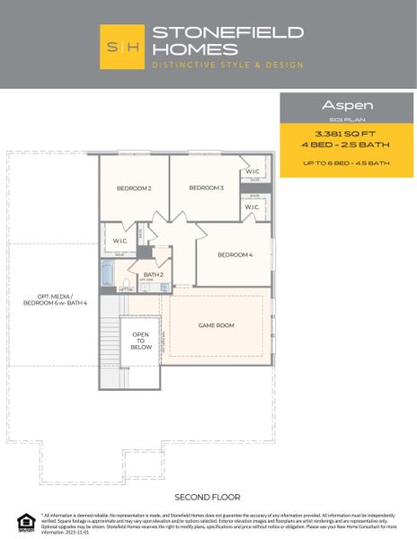 2D floor plan layout for the Aspen by Stonefield Homes in Heath Golf and Yacht Club, Rockwall, TX (Image 6).