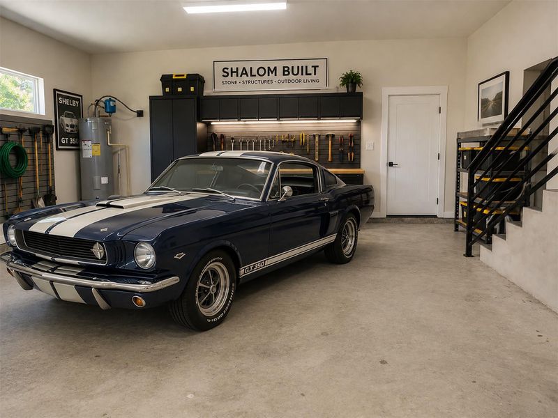 Smooth concrete flooring and durable metal railings define this highly functional garage space. Smooth concrete flooring and durable metal railings define this highly functional garage space.