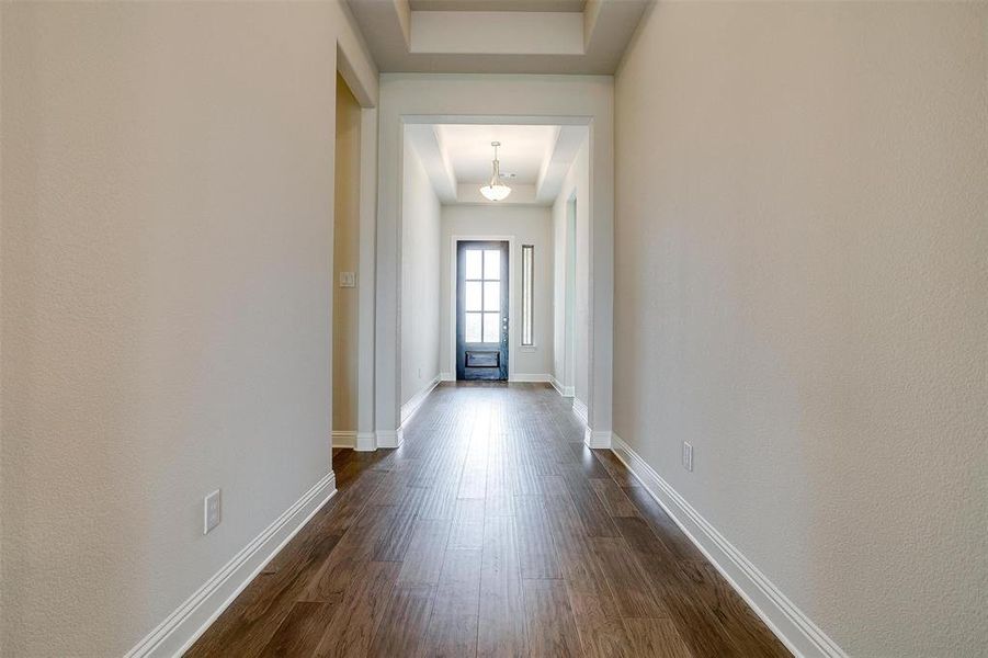 Hall featuring dark hardwood / wood-style flooring and a tray ceiling