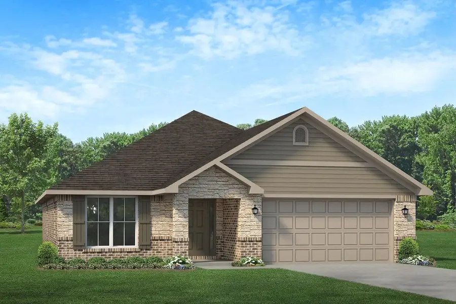 Front exterior of a new home in Cypress Green, Hockley, TX, highlighting curb appeal (Image 1). Front exterior of a new home in Cypress Green, Hockley, TX, highlighting curb appeal (Image 1).