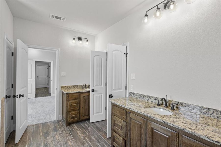 Bathroom featuring wood-type flooring and vanity