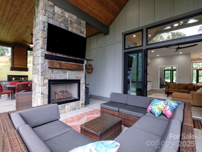 Outdoor living room with fireplace
