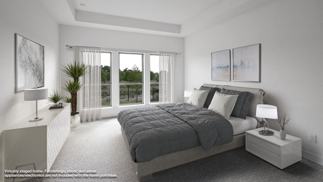 Carpeted bedroom with a raised ceiling Carpeted bedroom with a raised ceiling