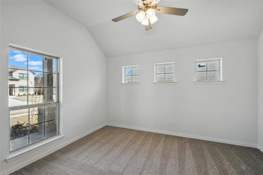 Spare room featuring lofted ceiling, baseboards, carpet floors, and a ceiling fan