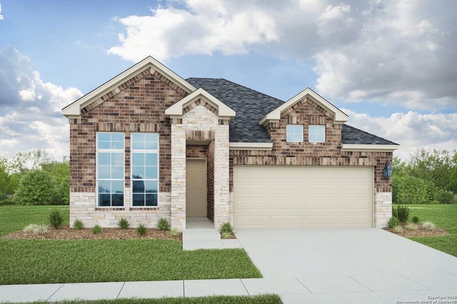 Front exterior of a new home in Clear Creek, New Braunfels, TX, highlighting curb appeal (Image 1).