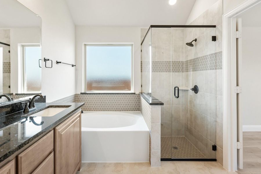 Master bathroom with soaking tub, glass walk-in shower, and dark granite vanity countertop Master bathroom with soaking tub, glass walk-in shower, and dark granite vanity countertop