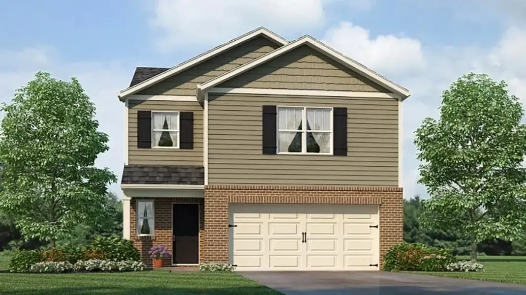 Front exterior of a new home in Oaks at Cedar Grove, Fairburn, GA, highlighting curb appeal (Image 1). Front exterior of a new home in Oaks at Cedar Grove, Fairburn, GA, highlighting curb appeal (Image 1).