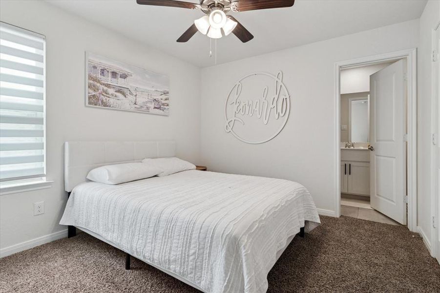 Carpeted bedroom with a ceiling fan and ensuite bathroom Carpeted bedroom with a ceiling fan and ensuite bathroom