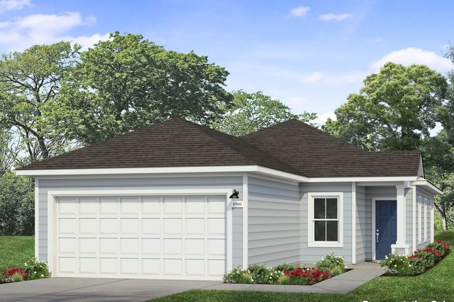 Front exterior of a new home in Harvest Ridge, Elgin, TX, highlighting curb appeal (Image 1). Front exterior of a new home in Harvest Ridge, Elgin, TX, highlighting curb appeal (Image 1).