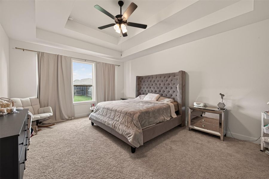 Retreat to the spacious first floor primary suite featuring a tray ceiling and abundant natural light. Retreat to the spacious first floor primary suite featuring a tray ceiling and abundant natural light.